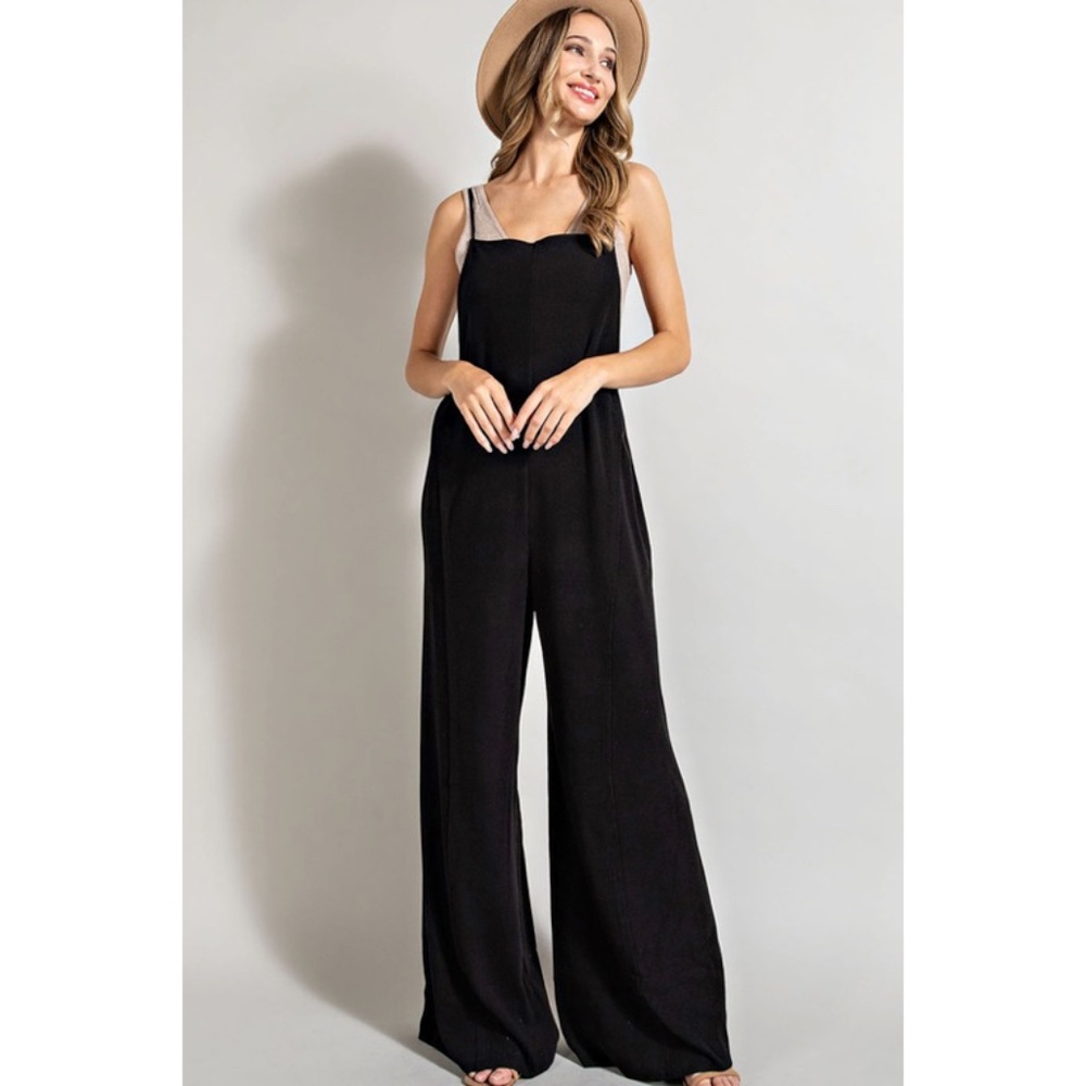 SOLD OUT Comfy Black Open Back Knit Wide Leg Boho Overalls Casual Solid Women's - Picture 3 of 6